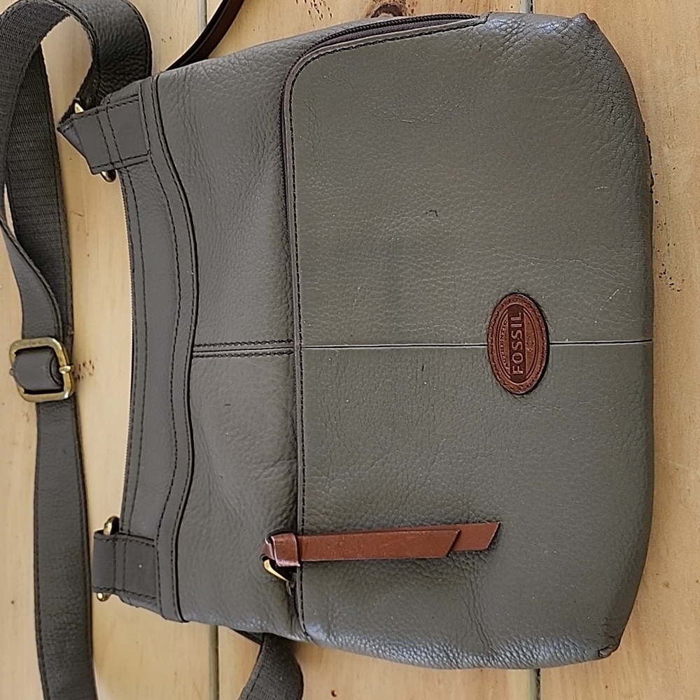 Fossil Morgan Pebbled Leather Traveler Crossbody Bag Purse Satchel Grey Green - Picture 10 of 12